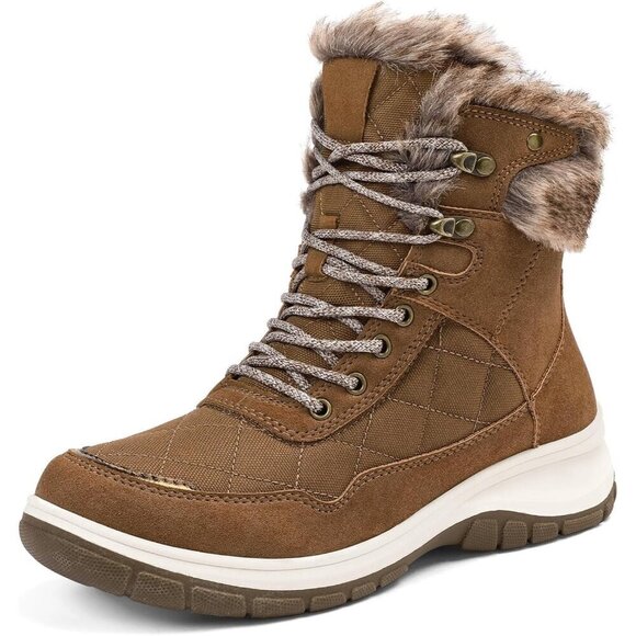 Shoes - Women's Brown Waterproof Insulated Snow Boots Lace-Up Winter Booties